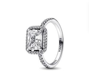 Pandora rectangular dazzling halo ring 925 silver light luxury niche