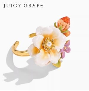 Juicy Grape Jasmine Enamel Open Ring for Women, Light Luxury, niche Design, Flower Finger Ring Gift