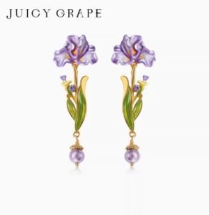 Juicy Grape Purple Iris Earrings Long French Oil Painting Style Original Design Light Luxury Enamel Earrings